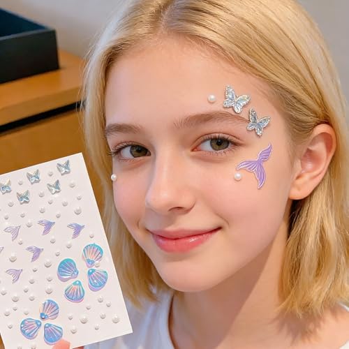 WIWUFUE Mermaid-Blue Face Gems & Seashell Rhinestones - Waterproof Self-Adhesive Body Art for Festival, Rave & Cosplay