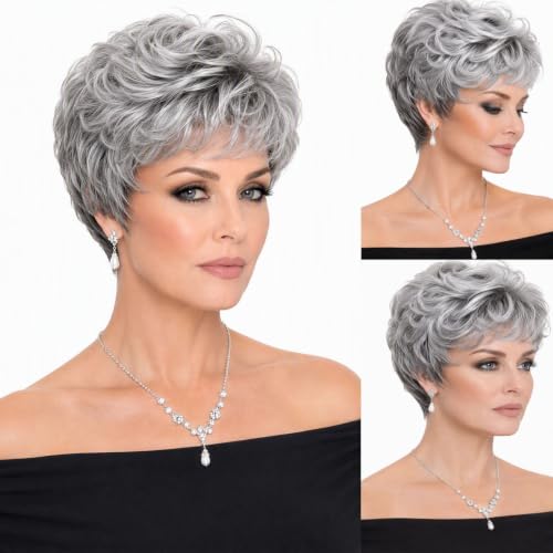 Short Curly Silver Grey Pixie Wig with Bangs - Natural Heat Resistant