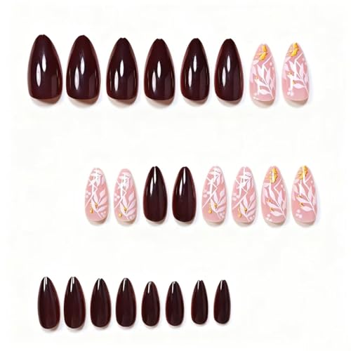 IMSOHOT Fall Brown White Maple Leaf Fake Nails - Medium Almond Press-On 24Pcs B012Brown
