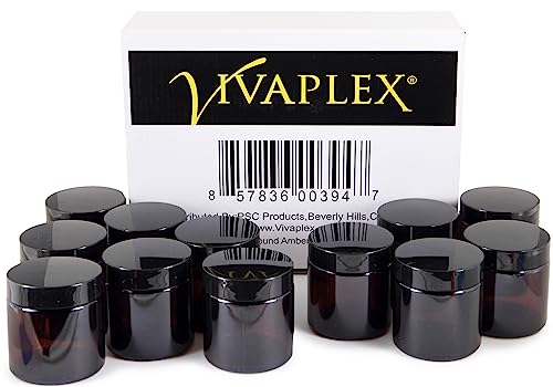 Vivaplex Amber 4 oz Round Glass Jars with Inner Liners & Black Lids - 12 Pack