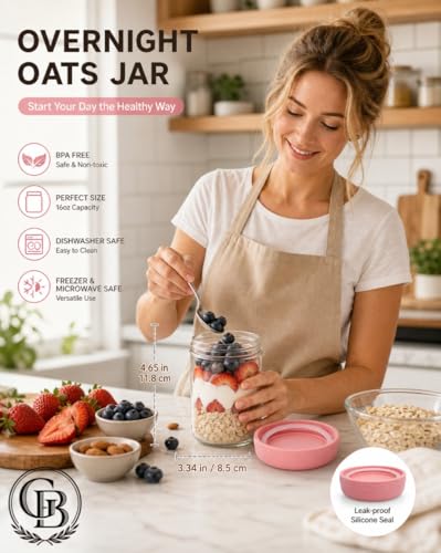 16 oz Glass Overnight Oats Containers with Airtight Lids - 4-Pack