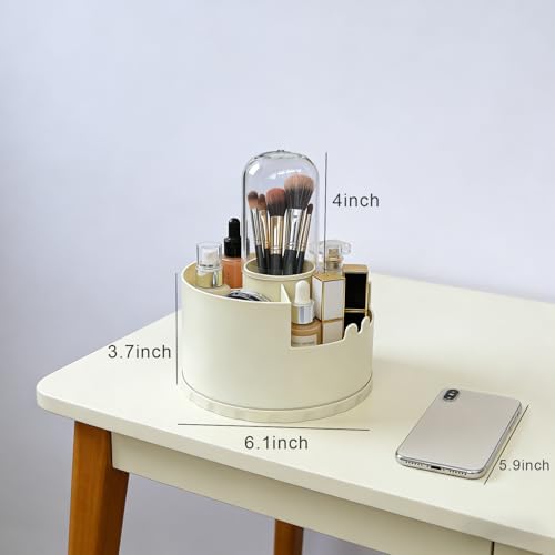 360 Rotating Makeup Organizer with Dust-Proof Lid - Beige