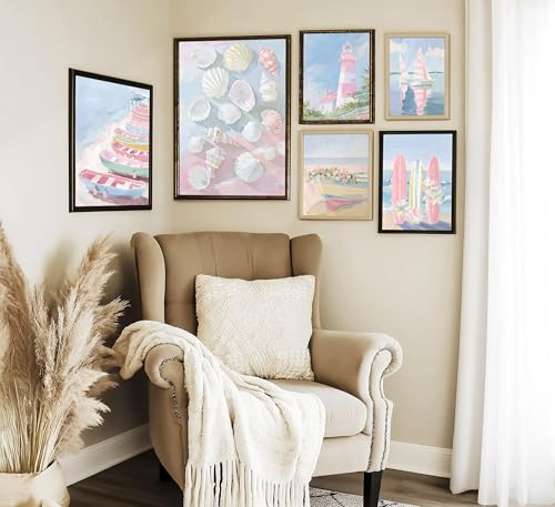 6 Pcs Pink Coastal Wall Art Set - Aesthetic Beach Prints for Girls