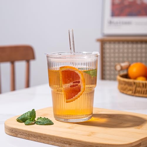 QWEZXO 13oz Glass Coffee Tumbler Set with Lid & Straw - 2 Pack