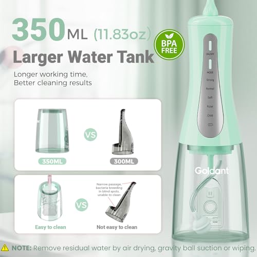 GOLDANT Green Portable Cordless Water Flosser with 350ML Tank 5 Modes IPX7 Waterproof
