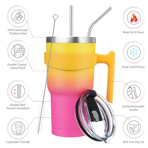 BJPKPK 30 oz Insulated Tumbler with Handle & Straw - Pink Yellow Rose