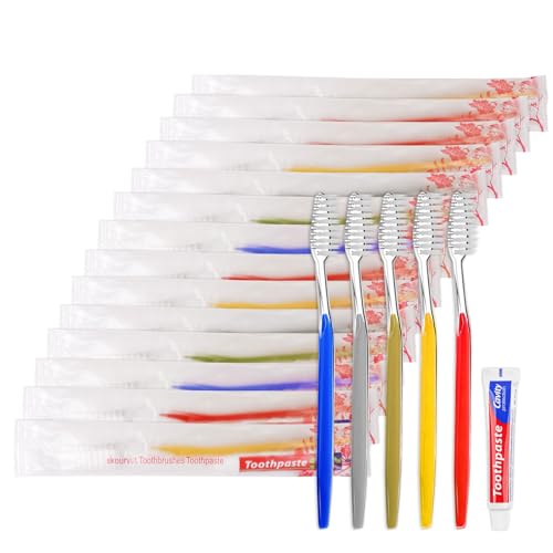 50 Individually Wrapped Disposable Toothbrushes with Mini Toothpaste - 5 Colors