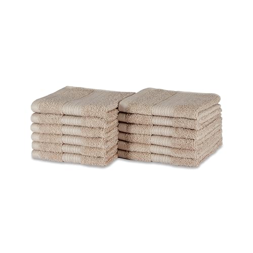 Amazon Basics 12-Pack 100% Cotton Washcloths, 12x12, Taupe
