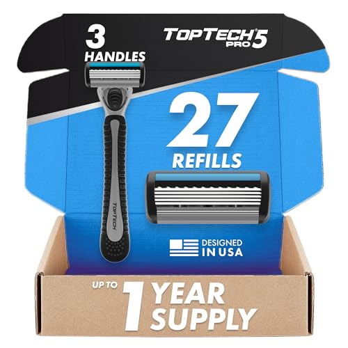 TopTech PRO 5 Men's Razor Set with 3 Handles & 27 Refills - 30 Count Pack, 5-Blade Technology, Soft & Sharp Blades