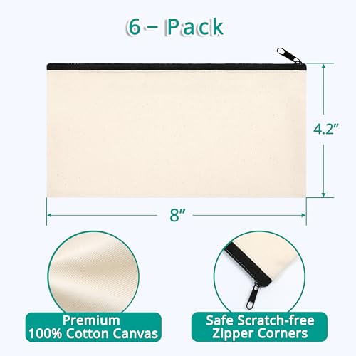Phicorn 6-Pack Small Canvas Zipper Pouches - 8x4.2 in, Cotton