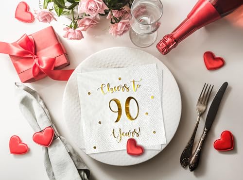 Cheers to 90 Years Cocktail Napkins, 50-Pack - Gold Foil Party Decor