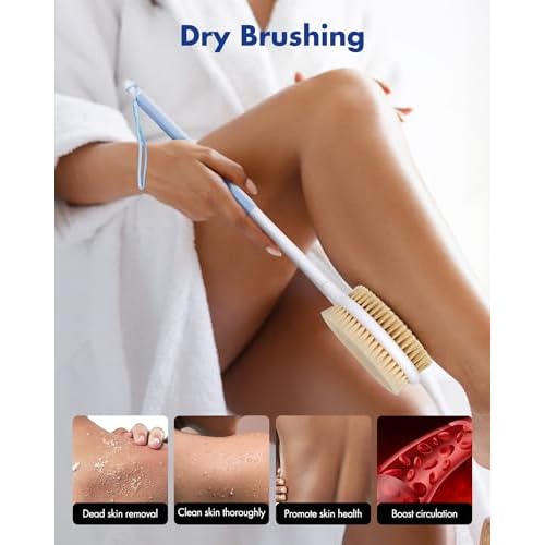 Back Scrubber Body Shower Brush: Anti Slip Long Handle Bath Brush with Stiff and Soft Bristles - Showering Exfoliator Wet or Dry Brushing for Women, Men, Elderly (Blue)