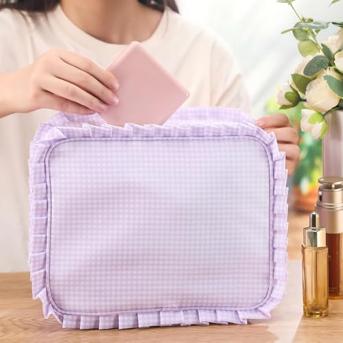 Purple Gingham Ruffle Makeup Bag - Large Travel Cosmetic Pouch