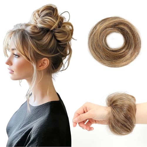 2Pcs Messy Bun Hair Piece - 100% Human Hair, Medium Brown/Dark Blonde #P4-27