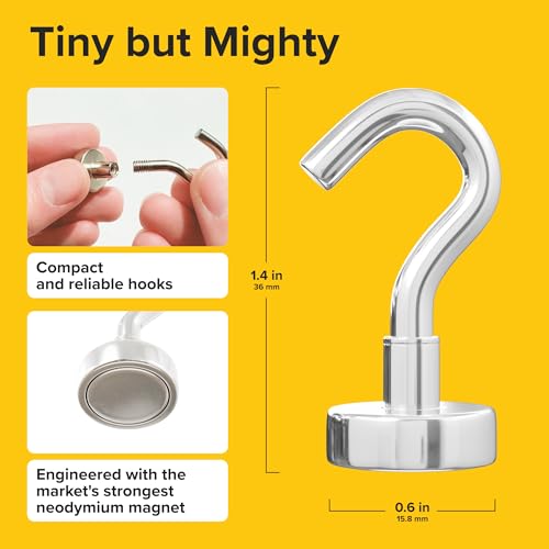 Heavy Duty Magnetic Hooks - 27lbs, Pack of 6, Neodymium for Kitchen & Outdoor