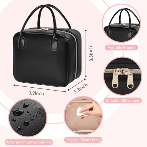 Onemoky Black Leather Large Capacity Travel Makeup Bag with Dividers & Brush Compartments