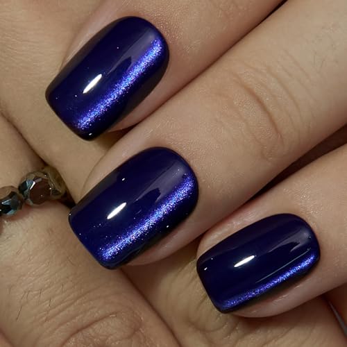 CurvLife Short Square Cat Eye Press On Nails - Indigo Navy Purple Gel
