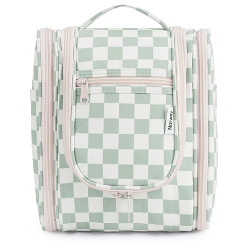 Narwey Hanging Travel Toiletry Bag for Women, Travel Bag for Toiletries, Checkered Makeup Bag Organizer, Cosmetic Make Up Bags for Travel Size Essentials, Skincare, Brushes (Mint Green Checkerboard)