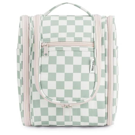 Narwey Hanging Travel Toiletry Bag for Women, Travel Bag for Toiletries, Checkered Makeup Bag Organizer, Cosmetic Make Up Bags for Travel Size Essentials, Skincare, Brushes (Mint Green Checkerboard)