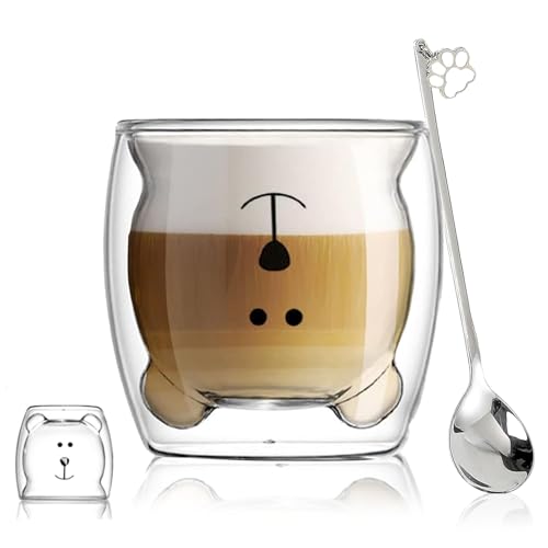 Binoster Cute Bear Double Wall Glass Mug - 230-280ml Insulated Cup