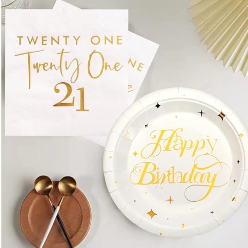 Elegant White and Gold 21st Birthday Party Tableware Set for 20