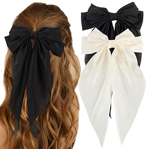 Atoden Large Silky Satin Hair Bows - Black & Beige 2Pcs Set