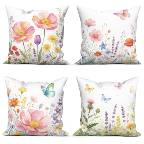 Colorful Butterfly Floral Velvet Pillow Covers, 18x18, 4-Pack