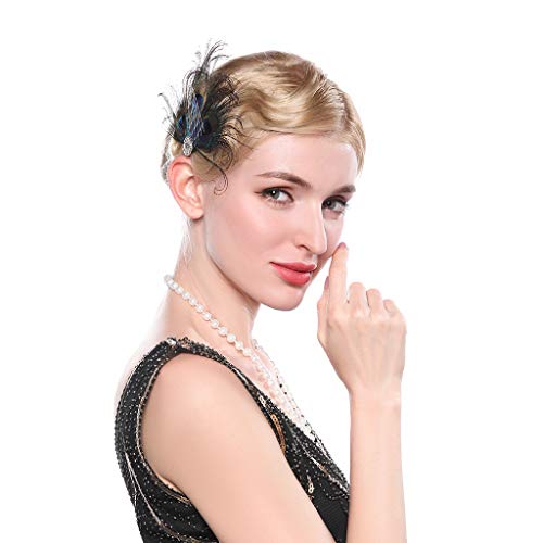 1920s Flapper Peacock Feather Hair Clip with Crystals for Prom Party