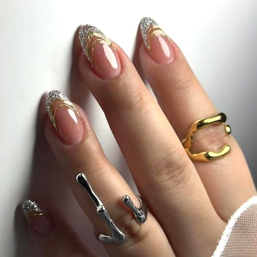 LOPMNGHT Glitter Powder French Almond Short Press On Nails for Women 24Pcs