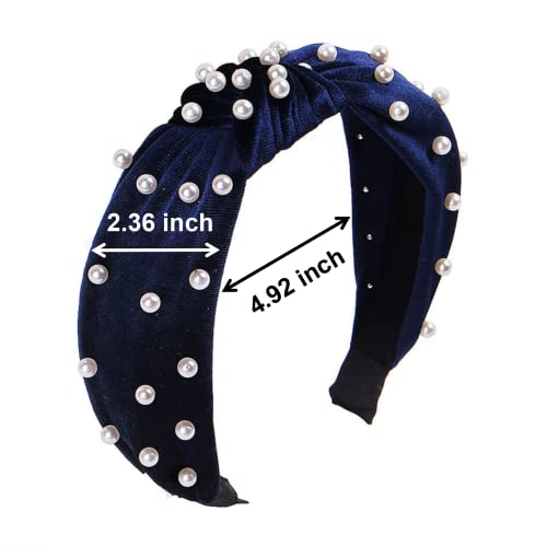 Navy Blue Velvet Pearl Knot Headband for Women - CAUDIO Wide Top Knot Cross Hairband