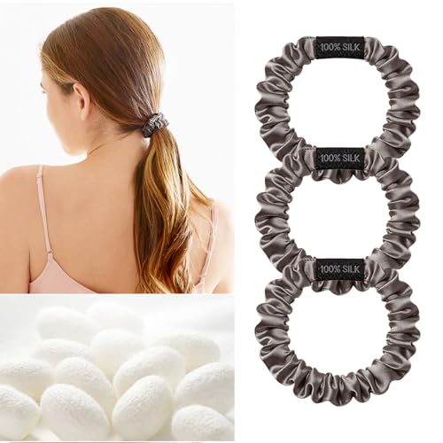 THXSILK 100% Mulberry Silk Scrunchies, 3-Pack No-Damage Hair Ties - Charcoal