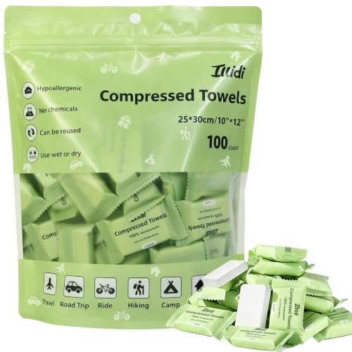 Illidi Disposable Compressed Towels 12x10in - Pack of 100, Travel-Friendly Washcloths