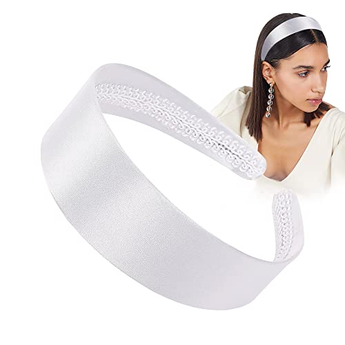 Ivyu White Satin Headband for Women - 70s & Halloween Party Accessories, Non-Slip Wide Hair Band, 1.6 Inch