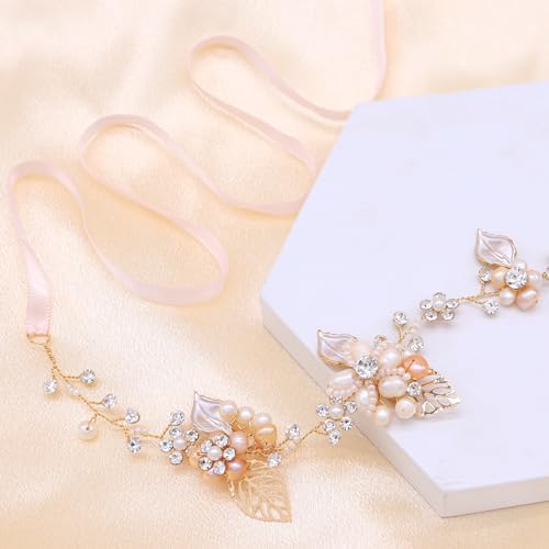 Oriamour Bridal Crystal Headband with Freshwater Pearls - Gold Wedding Hair