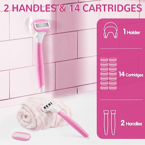DreamGenius Pink Women's Razors - 5 Blades, 14 Cartridges & Shower Holder