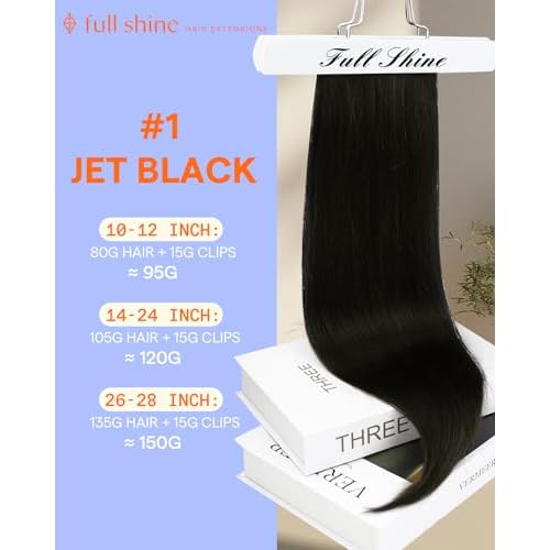 Full Shine Black Clip in Hair Extensions 24 Inch Remy Hair Extensions Clip ins Human Hair Jet Black Natural Hair Clip in Extensions for Long Hair 7 Pieces 120g