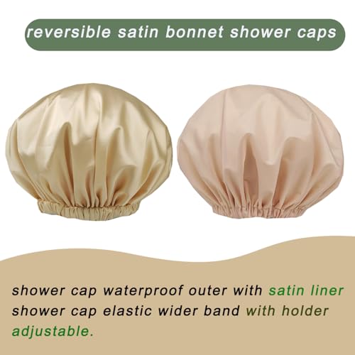 Genergy 2-Pack Satin Lined Shower Caps for Women - Light Grey & Apricot, Adjustable, Waterproof, Frizz-Free