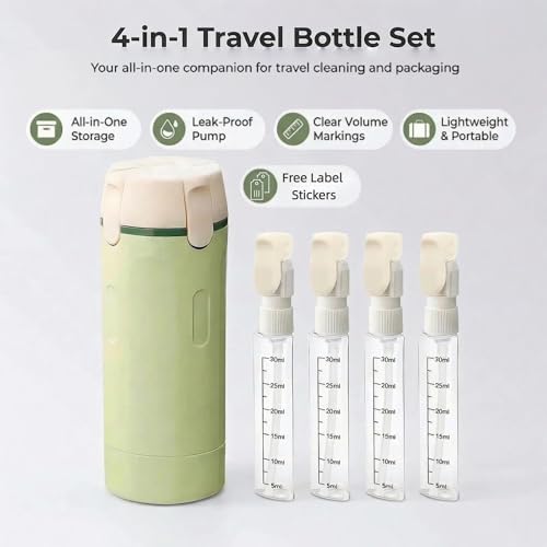 Jicsetk 4-in-1 Travel Dispenser Bottles Set - Leakproof Refillable Shampoo Conditioner Lotion Containers, 30ml, Green