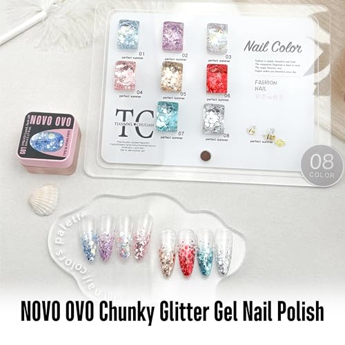 NOVO OVO G03 Iridescent Ice Chunky Glitter Gel Nail Polish - Aurora Holographic, 5ml