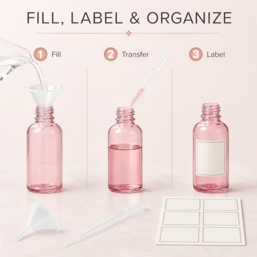 PrettyCare 4 Pack 1oz Rose Glass Dropper Bottles for Essential Oils - Leakproof Tincture & Beauty Bottles with Labels & Funnels
