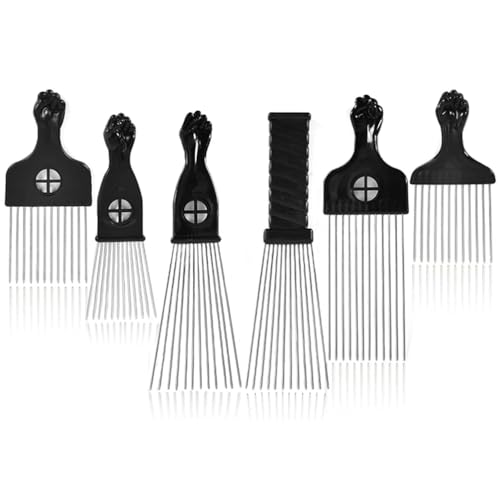 6 Pack Metal Afro Hair Picks with Fist Handles for Curly & Thick Hair - Durable, Rustless Styling Tools