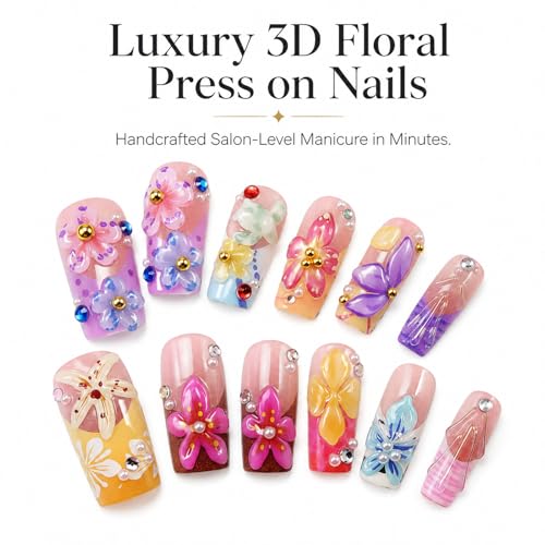 Medium Almond Press on Nails ZF305 - Handmade Floral Designs with Rhinestones & Pearls, 24 Pcs Reusable Kit
