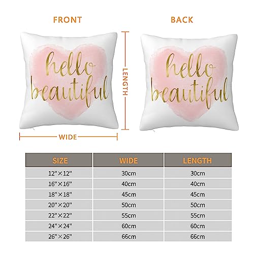 Hello Beautiful Throw Pillow Cover - Blush Pink Gold Watercolor Heart 16x16