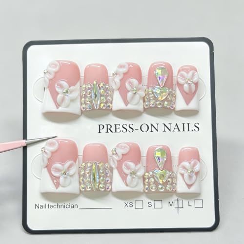 RIICFDD Medium Duck Press on Nails - Rhinestone French Tip (M)