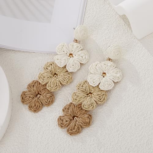 RUOFFETA Raffia Flower Drop Earrings - Tropical Beach Jewelry