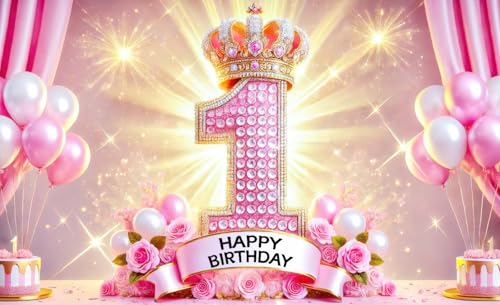 BlissYard First Pink Crown Birthday Banner 71x43 Inch Polyester Decor