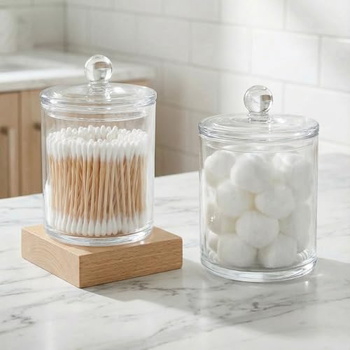Acrylic Qtip Holder Dispenser Set - Clear Bathroom Storage Canisters