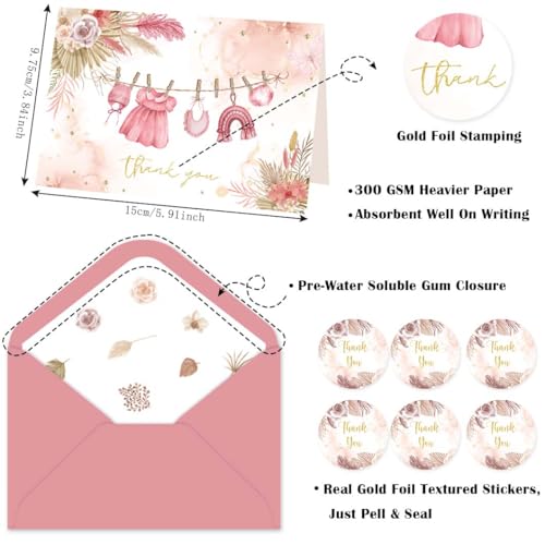 50 Pack Pink Baby Shower Thank You Cards with Envelopes & Stickers