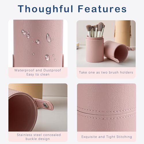 Light Pink Portable Makeup Brush Holder - Waterproof PU Leather Case