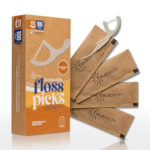 Trueocity Biodegradable Dental Floss Picks – 100ct Eco-Friendly, Strong, Unflavored